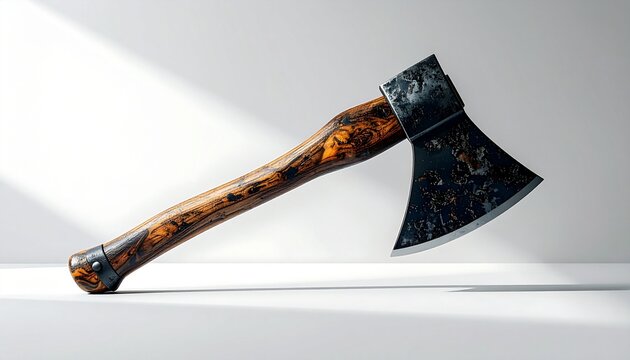 A modern axe with a simple design and wooden handle on a clean white background.