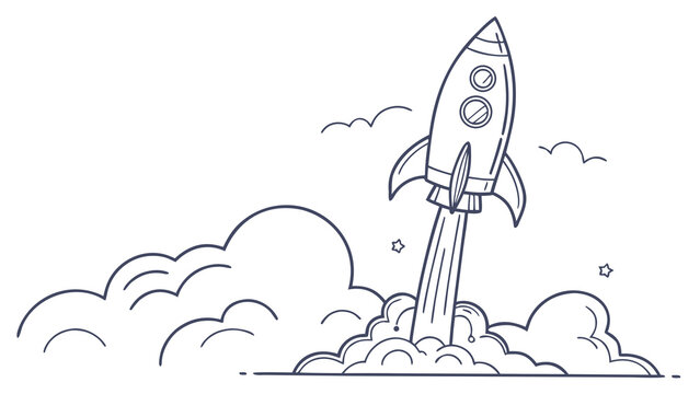 Futuristic rocket launching into space, leaving a trail of smoke and stars.