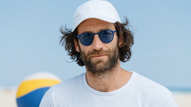 Bearded man wearing cap and sunglasses on sandy beach