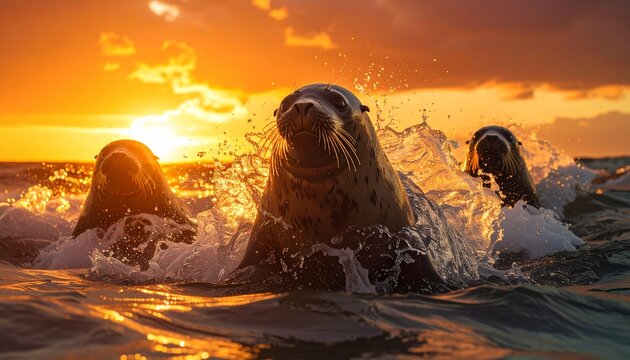Seals swimming playfully in ocean waves at sunset