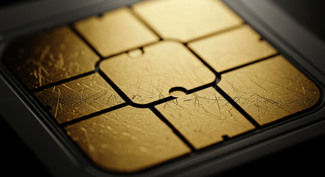 Macro close-up of a gold SIM card chip with intricate circuitry and metallic texture. High-detail, modern composition ideal for technology visuals, mobile communication concepts, and digital design 