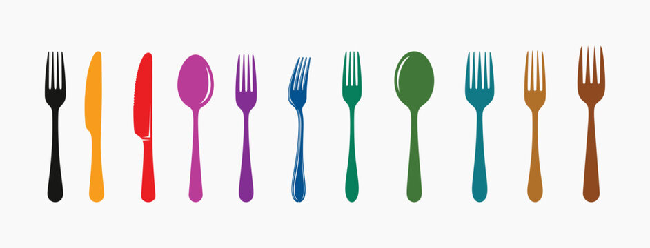A row of colorful forks and knives on a white background Vector, EPS