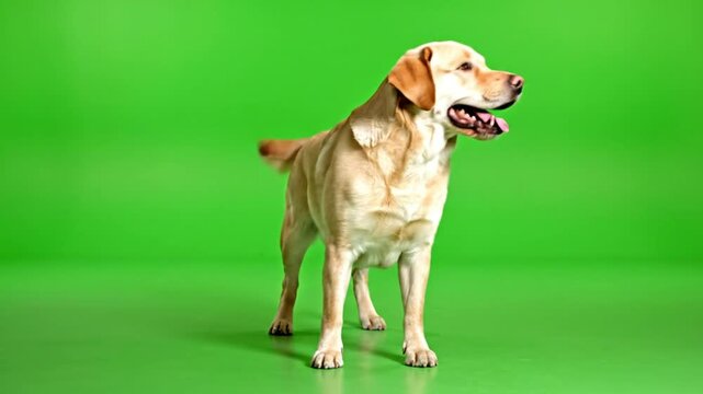 Happy yellow Labrador retriever dog with a wagging tail, standing and panting against a vibrant green studio backdrop