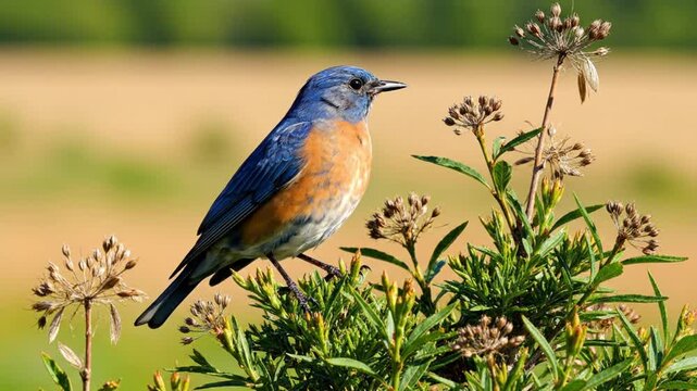 Beautiful western bluebird perched on a green plant singing in bright sunlight with blurred background
