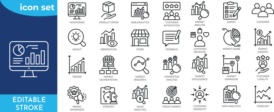 Market Analysis line editable icon set. Editable stroke. Containing market, growth, sales, trends, market, research, strategy, and more.
