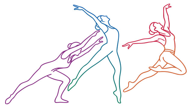 Graceful dancers express motion and fluidity through stylized outlines in vibrant colors.