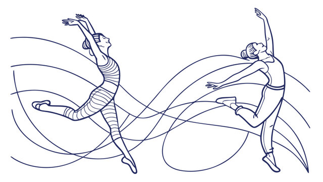 Graceful dancers leap and flow with elegant lines, expressing freedom and movement