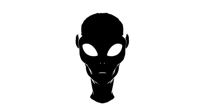 A black silhouette of an alien head with glowing eyes on a white background