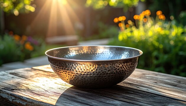 Hand-hammered silver metal bowl with textured surface reflecting sunlight, resting on a rustic wooden table outdoors