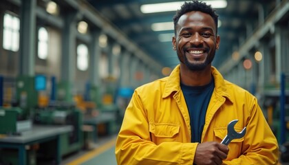 Fototapeta premium Black man in yellow jacket holding wrench in factory. He smiles happily working as skilled technician in industrial manufacturing plant. Worker with tool shows job pride.