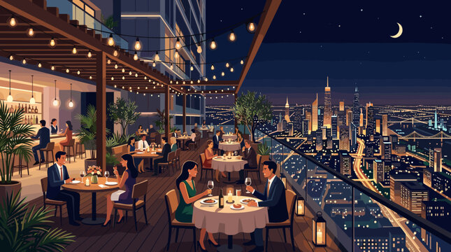 Vector illustration of people dining at a luxurious rooftop restaurant overlooking a vibrant city skyline at night. Ideal for urban lifestyle, upscale hospitality, and evening entertainment.