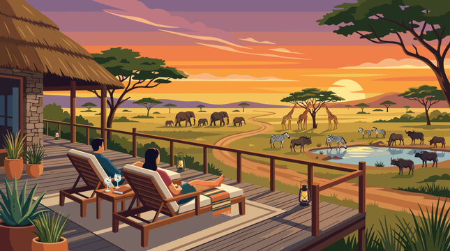 A couple enjoys a peaceful African safari sunset from their luxury lodge balcony. Wildlife like elephants, giraffes, and zebras gather at a watering hole. Ideal for travel ads.