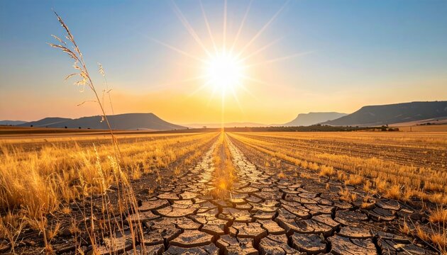 Intense sun blazing over cracked dry earth and dry grass fields with mountains in distance