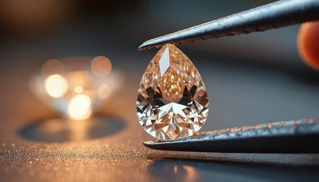 Macro view of pear cut diamond held in metal tweezers. Gemologist inspects shiny precious stone for clarity and quality. Luxury jewelry material evaluation with close-up detail.