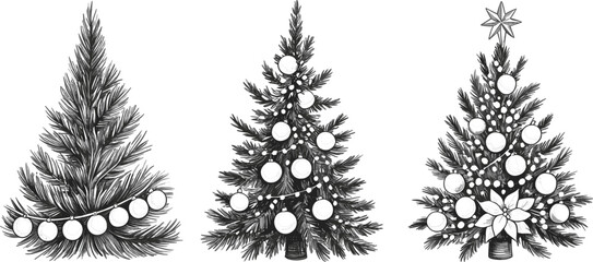 Hand drawn Christmas tree illustration set with decorated pine and fir trees featuring ornaments stars and garlands in minimalist black line art for holiday greeting card vector © Arishfa