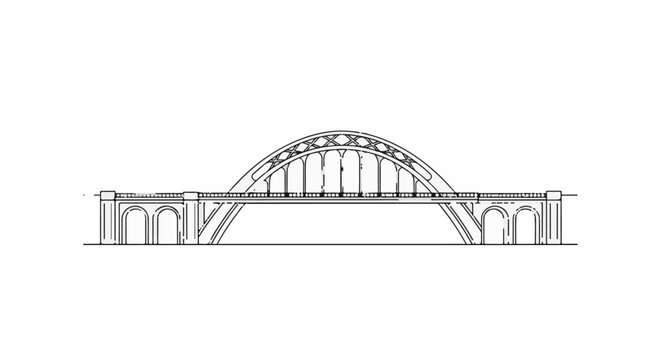 Architectural illustration of a large, arched, steel truss bridge with stone abutments