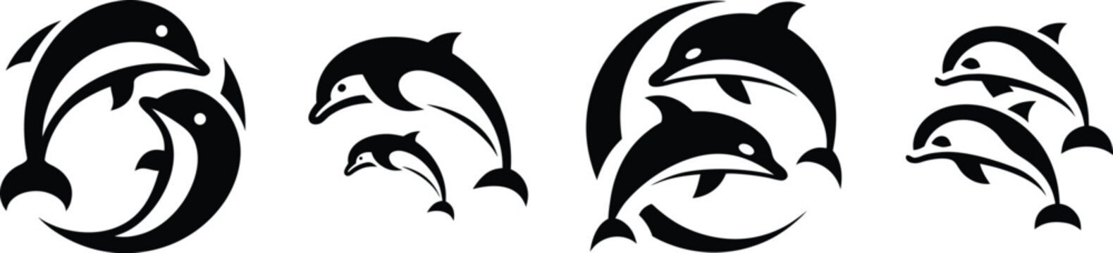 Dolphin pair and family logo set with swimming marine mammals, Minimalist jumping dolphin duo icons in black and white vector style