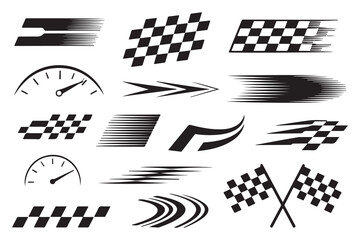 Fototapeta premium Racing and Speed Icon Set with Checkered Flags and Speedometers