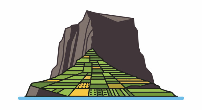 Stylized mountainside with terraced green and yellow fields