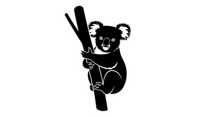A black and white vector illustration of a koala bear climbing a tree trunk © Digital