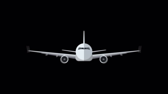 Passenger airplane flying toward camera in a fast fly-by transition on transparent alpha channel background