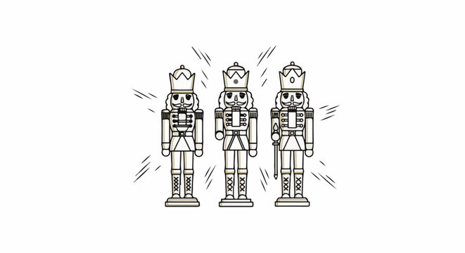 Three stylized nutcrackers stand in a line, radiating light