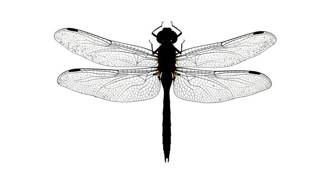 A minimalist vector graphic illustration of a dragonfly in silhouette with transparent wings on a white background