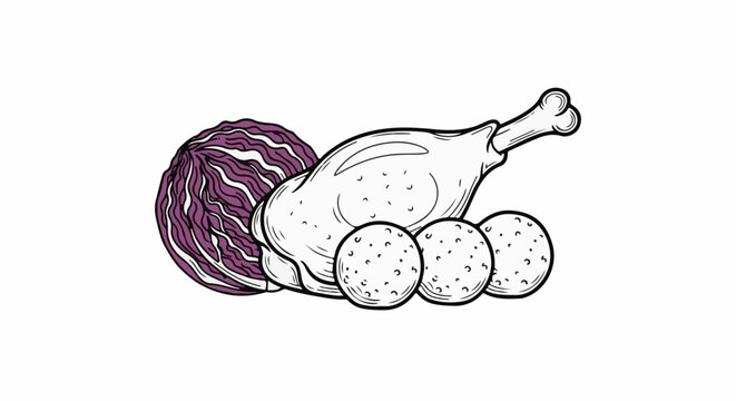 A hand-drawn illustration of a roasted fowl leg with purple cabbage and dumplings