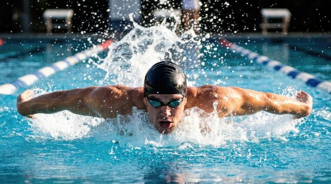 Competitive male swimmer in dynamic butterfly stroke mid-race in indoor swimming pool, intense focus and power, professional athletic performance, splashing water, blue pool, high-speed action shot