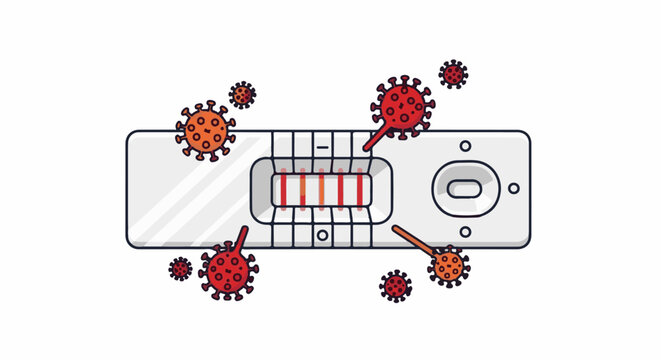 Cartoon illustration of a positive rapid antigen test kit surrounded by viruses