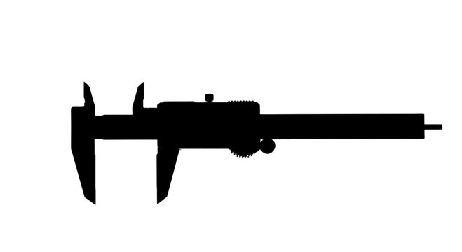 A black silhouette of a vernier caliper on a white background, representing precision measurement and engineering