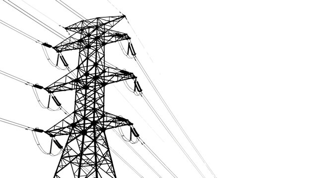 A vector graphic illustration of a power transmission tower with electrical wires against a white background