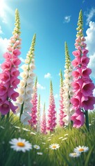 Obraz premium Digital illustration of tall pink, white foxglove flowers reaching skyward in sunny green meadow. Small daisies dot grass under bright blue sky with wispy clouds. Nature scene evokes garden beauty,