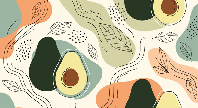 Artistic pattern showcases slices of fresh green avocado with delicate line art leaves and organic abstract shapes on a light background.