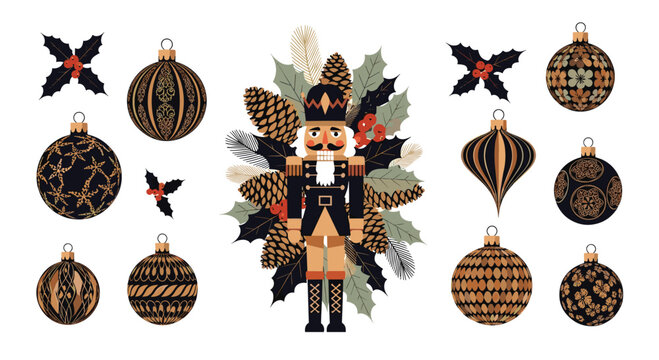 Elegant collection of golden and black christmas ornaments featuring traditional nutcracker with festive pine cones and holly leaves.