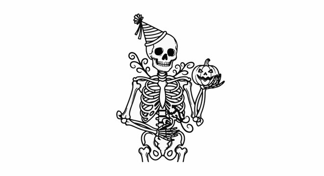 Skeleton wearing party hat holding a carved pumpkin, with ornate swirls