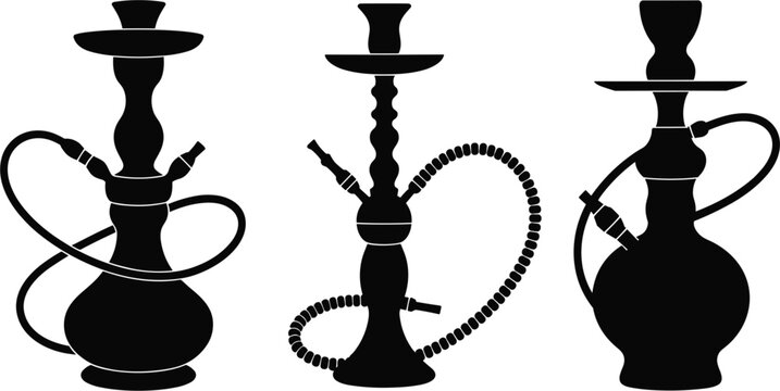 Traditional hookah shisha silhouette set with different bottle designs for lounge smoking and middle eastern culture vector
