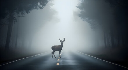 Naklejka premium Deer standing on a road in thick morning fog deer on the road