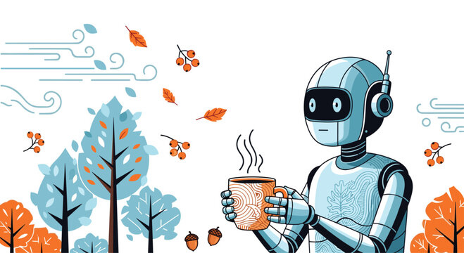 Friendly robot stands in an autumn forest holding a steaming cup of coffee while dry orange leaves blow around in the windy weather.