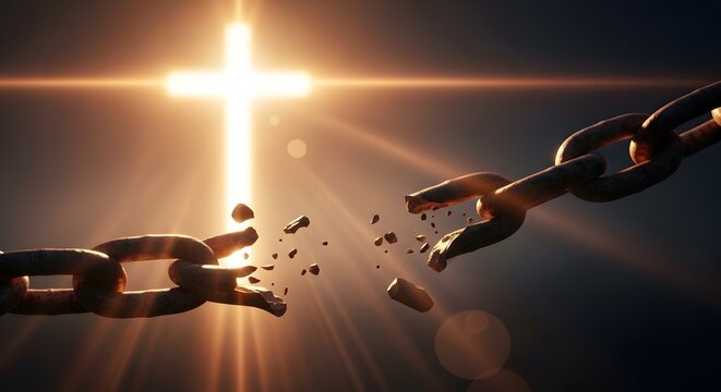 Symbolic image of heavy iron chains breaking under the intense light of a wooden cross. Perfect for themes of salvation, freedom, spiritual breakthrough, and overcoming life's darkest struggles