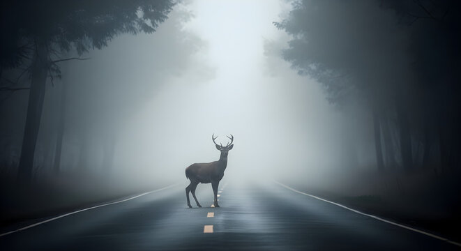 Deer standing on a road in thick morning fog deer on the road