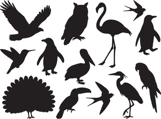Fototapeta premium Collection of diverse bird silhouettes including an eagle flamingo owl pelican and parrot