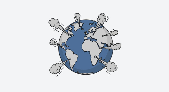A cartoon globe with smoke coming from multiple locations