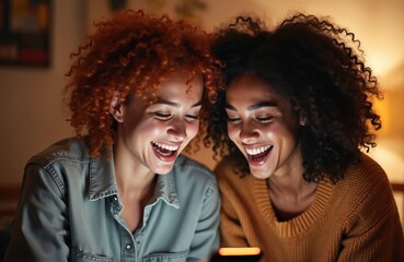 Fototapeta premium Two diverse women laugh heartily looking at phone screen. Friends share funny moment indoors. Female pals enjoy digital content together, bright smiles lit by device glow.