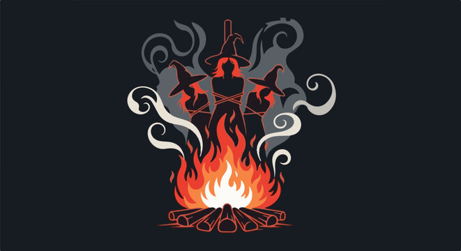 Three women in witch hats tied to a stake over a bonfire, smoke swirls