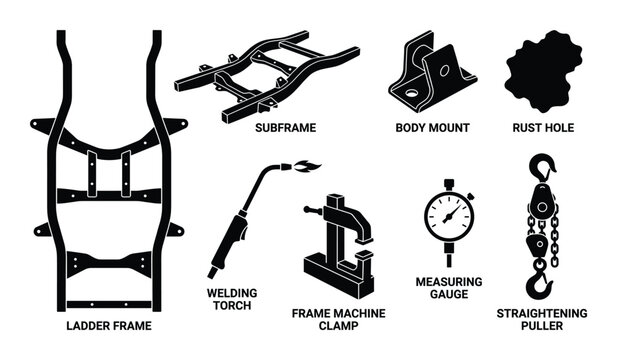 Car frame components and repair tools collection isolated on checkered background