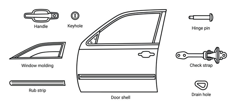 Car door parts outline drawings for automobile repair and assembly illustration