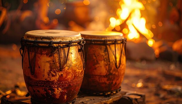 Pair of Worn Leather Conga Drums Illuminated by Warm Campfire Flames
