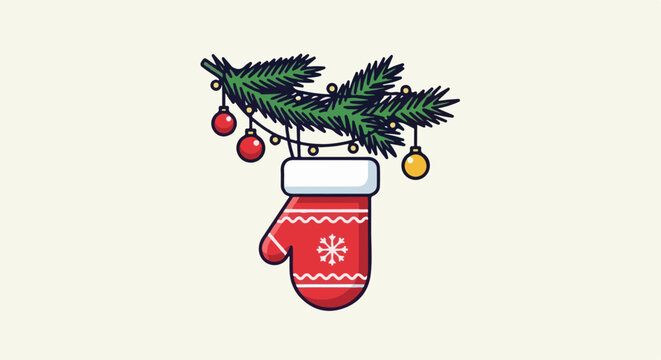 Festive red mitten with snowflake hangs from decorated evergreen branch