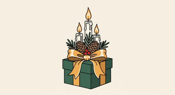Festive gift box topped with lit candles, pinecones, and berries